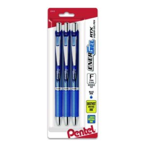 EnerGel RTX Deluxe Gel Pen, Retractable, Fine 0.5 mm, Blue Ink, Blue/Silver Barrel, 3/Pack