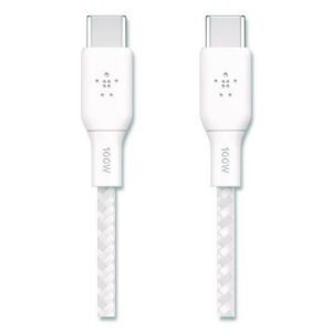 BOOST CHARGE Braided USB-C to USB-C Cable, 100 W Power Delivery, 6.6 ft, White, 2/Pack