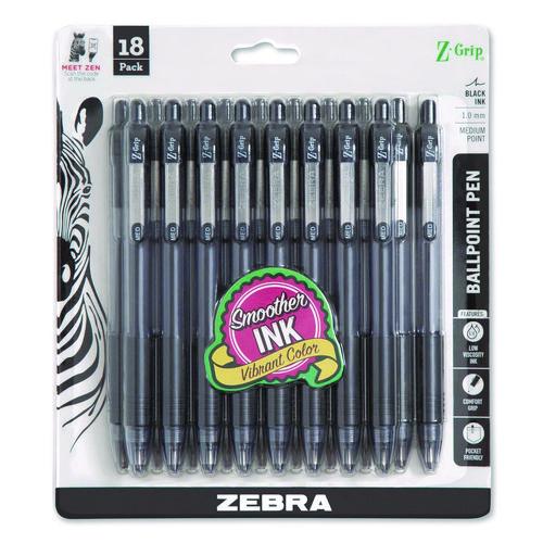 Z-Grip Ballpoint Pen, Retractable, Medium 1 mm, Black Ink, Clear/Black Barrel, 18/Pack