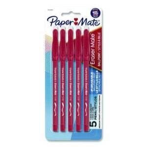 Eraser Mate Ballpoint Pen, Stick, Medium 1 mm, Red Ink, Red Barrel, 5/Pack