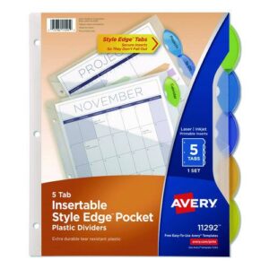 Insertable Style Edge Tab Plastic 1-Pocket Dividers, 5-Tab, 11.25 x 9.25, Translucent, 1 Set