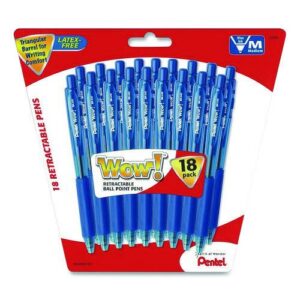 WOW! Ballpoint Pen, Retractable, Medium 0.7 mm, Blue Ink, Translucent Blue/Blue Barrel, 18/Pack