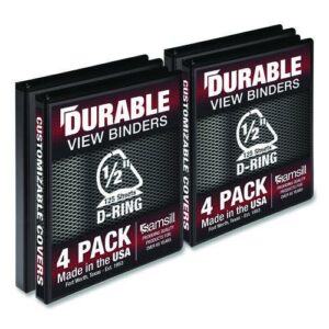 Durable D-Ring View Binders, 3 Rings, 0.5" Capacity, 11.5" x 8.5", Black, 4/Pack