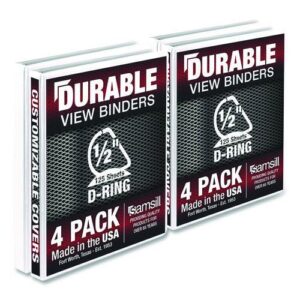 Durable D-Ring View Binders, 3 Rings, 0.5" Capacity, 11.5" x 8.5", White, 4/Pack