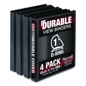 Durable D-Ring View Binders, 3 Rings, 1" Capacity, 11.5" x 8.5", Black, 4/Pack