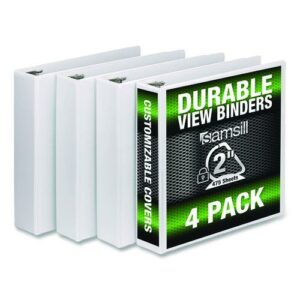 Durable D-Ring View Binders, 3 Rings, 2" Capacity, 11.5" x 8.5", White, 4/Pack