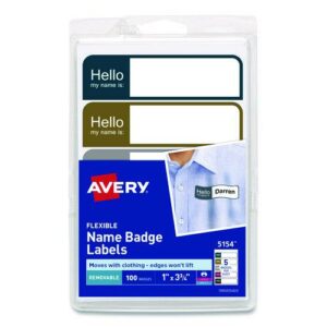 Flexible Self-Adhesive Mini Name Badge Labels, 1 x 3.75, Hello, Assorted, 100/Pack
