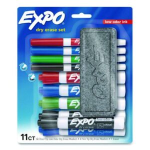 Low-Odor, Dry Erase 10-Color Marker and Eraser Set, Broad Chisel/Fine Bullet Tips, Assorted Colors, 11 Pieces/Set
