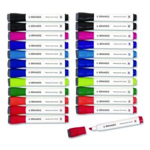 Chisel Tip Low-Odor Dry-Erase Markers with Erasers, Broad Chisel Tip, Assorted Colors, 24/Pack