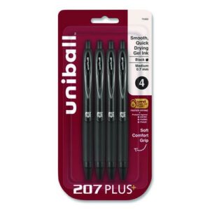 207 Plus+ Gel Pen, Retractable, Medium 0.7 mm, Black Ink, Black Barrel, 4/Pack