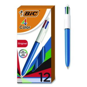 4-Color Multi-Color Ballpoint Pen, Retractable, Medium 1 mm, Black/Blue/Green/Red Ink, Blue/White Barrel, 12/Box