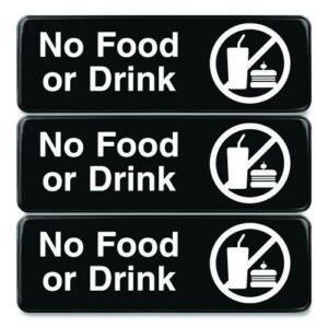 No Food or Drink Wall Sign, 9" x 3", Black Face, White Graphics, 3/Pack