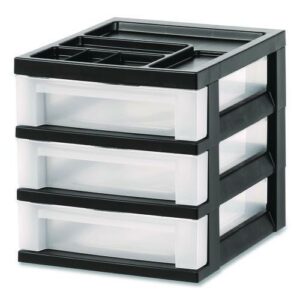 3-Drawer Desktop Storage with Top Organizer Tray, Plastic, 12.17 x 14.33 x 12.93, Black/Translucent