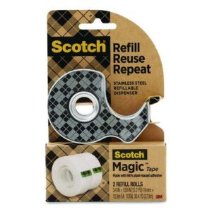 Stainless Steel Refillable Tape Dispenser with 2 Rolls 0.75" x 550" Tape