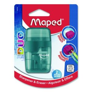 DUO 2-Hole Canister Pencil Sharpener/Eraser Combo, 3.74 x 1.08 x 4.92, Randomly Assorted Colors