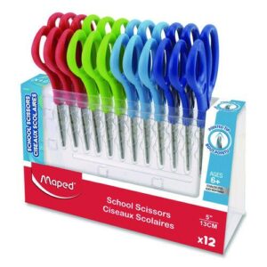Essential Pointed School Scissors School Pack, Pointed Tip, 5.35" Long, 2" Cut Length, Straight Assorted Handle, 12/Pack