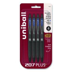 207 Plus+ Gel Pen, Retractable, Medium 0.7 mm, Blue Ink, Black Barrel, 4/Pack