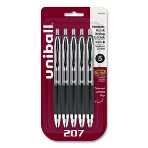 Signo 207 Gel Pen, Retractable, Medium 0.7 mm, Black Ink, Clear/Black Barrel, 5/Pack