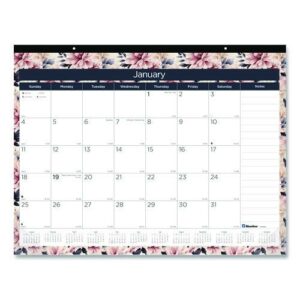 Monthly Desk Pad Calendar, Floral Artwork, 22 x 17, Black Binding, Clear Corners, 12-Month (Jan-Dec): 2025