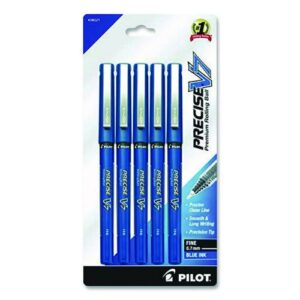 Precise V7 Rollerball Pen, Stick, Fine 0.7 mm, Blue Ink, Blue/Clear Barrel, 5/Pack