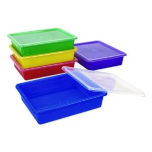 Storage Tray with Lid, Flat, 1 gal, 10.65" x 10.65" x 2.96", Assorted Bright, 5/Pack
