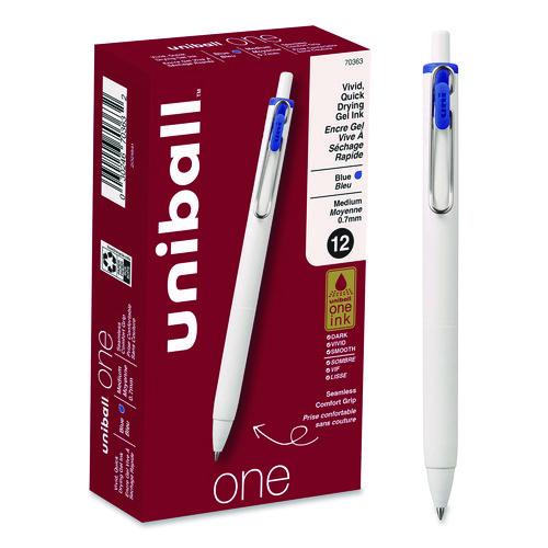 uniONE Gel Pen, Retractable, Medium 0.7 mm, Blue Ink, White/Blue Barrel, Dozen