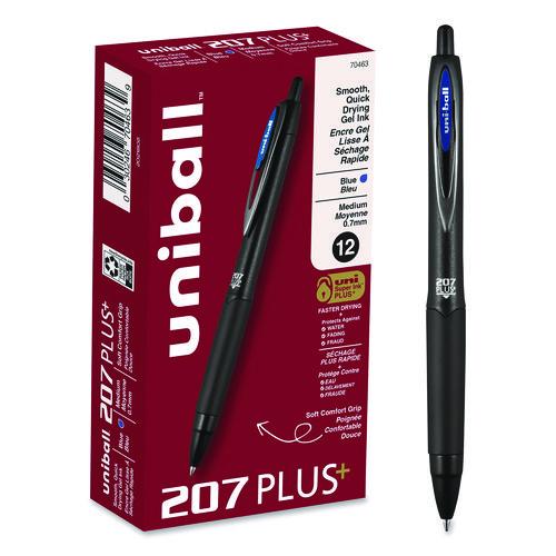 207 Plus+ Gel Pen, Retractable, Medium 0.7 mm, Blue Ink, Black Barrel, Dozen