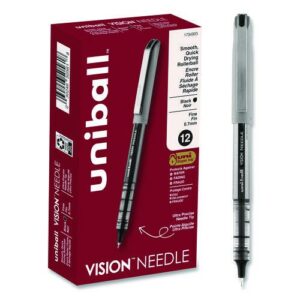 VISION Needle Rollerball Pen, Stick, Fine 0.7 mm, Black Ink, Gray/Clear/Black Barrel, Dozen