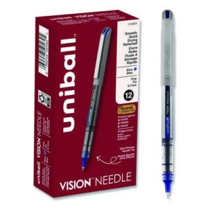 VISION Needle Rollerball Pen, Stick, Fine 0.7 mm, Blue Ink, Gray/Clear/Blue Barrel, Dozen