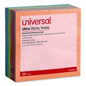Ultra Sticky Note Pads, 3" x 3", Assorted, 100 Sheets/Pad, 24 Pads/Pack