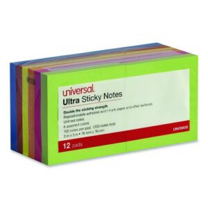 Ultra Sticky Note Pads, 3" x 3", Assorted, 100 Sheets/Pad, 12 Pads/Pack