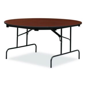 OfficeWorks Wood Folding Table, Round, 60" x 29", Mahogany Top, Gray Base