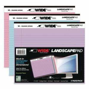 WIDE Landscape Format Writing Pad, Unpunched, Medium/College Rule, Assorted Colors, (40) 11 x 8.5 Sheets, 3/Pack