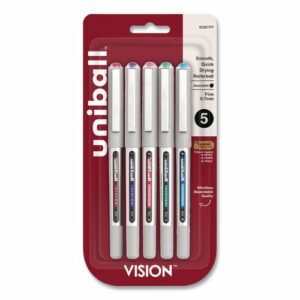 VISION Rollerball Pen, Stick, Fine 0.7 mm, Assorted Ink and Barrel Colors, 5/Pack