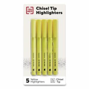 Pen Style Chisel Tip Highlighter, Yellow Ink, Chisel Tip, Yellow Barrel, 5/Pack