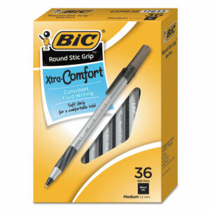 Round Stic Grip Xtra Comfort Ballpoint Pen Value Pack, Easy-Glide, Stick, Medium 1.2mm, Black Ink, Gray/Black Barrel, 36/Pack