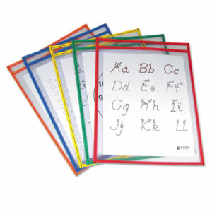 Reusable Dry Erase Pockets, Super Heavy-Duty, Top Load 9 x 12 Insert, Clear Front, Assorted Border Colors, 5/Pack