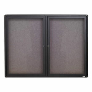 Enclosed Indoor Fabric Bulletin Board with Two Hinged Doors, 48" x 36", Gray Surface, Graphite Gray Aluminum Frame