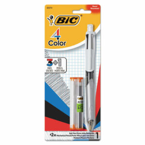 4-Color 3 + 1 Ballpoint Pen/Pencil, Retractable, Medium 1 mm Pen/0.7 mm Pencil, Black/Blue/Red Ink, Gray/White Barrel