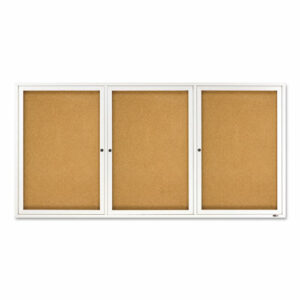 Enclosed Indoor Cork Bulletin Board with Three Hinged Doors, 72" x 36", Tan Surface, Satin Aluminum Frame