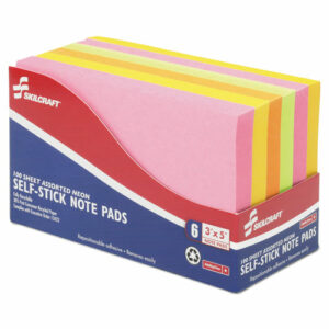 7530014181420, SKILCRAFT Self-Stick Note Pads, 3" x 5", Assorted Neon Colors, 100 Sheets/Pad, 6 Pads/Pack