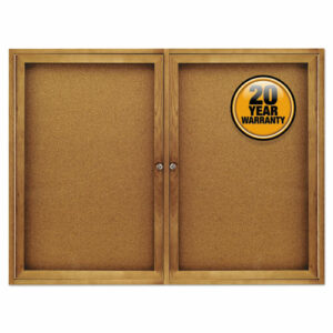 Enclosed Indoor Cork Bulletin Board with Two Hinged Doors, 48" x 36", Tan Surface, Oak Finished Fiberboard (MDF) Frame