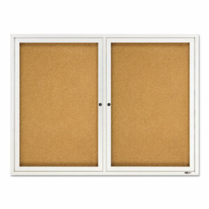 Enclosed Indoor Cork Bulletin Board with Two Hinged Doors, 48" x 36", Tan Surface, Satin Aluminum Frame