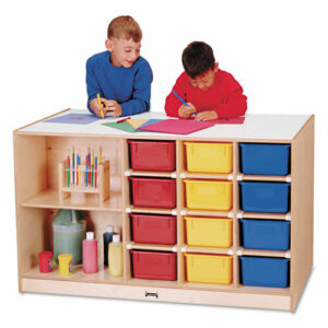 Mobile Storage Island with Assorted-Color Cubbie-Trays, 48" x 29" x 29.5", Birch