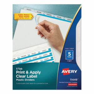 Print and Apply Index Maker Clear Label Plastic Dividers w/Printable Label Strip, 5-Tab, 11 x 8.5, Frosted Clear Tabs, 1 Set
