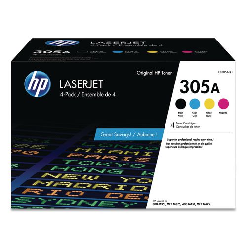HP 305A, (CE305A-Q) 4-Pack Black/Cyan/Magenta/Yellow Original LaserJet Toner Cartridges