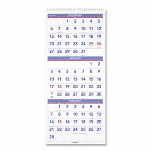 Deluxe Three-Month Reference Wall Calendar, Vertical Orientation, 12 x 27, White Sheets, 14-Month: Dec 2025 to Jan 2027