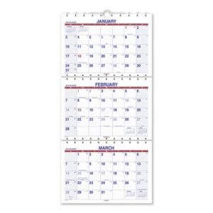 Move-A-Page Three-Month Wall Calendar, 12 x 27, White/Red/Blue Sheets, 15-Month: Dec 2025 to Feb 2027