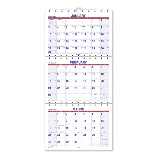 Move-A-Page Three-Month Wall Calendar, 12 x 27, White/Red/Blue Sheets, 15-Month: Dec 2025 to Feb 2027