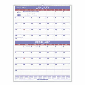 Two-Month Wall Calendar, 22 x 29, White/Blue/Red Sheets, 12-Month (Jan to Dec): 2026